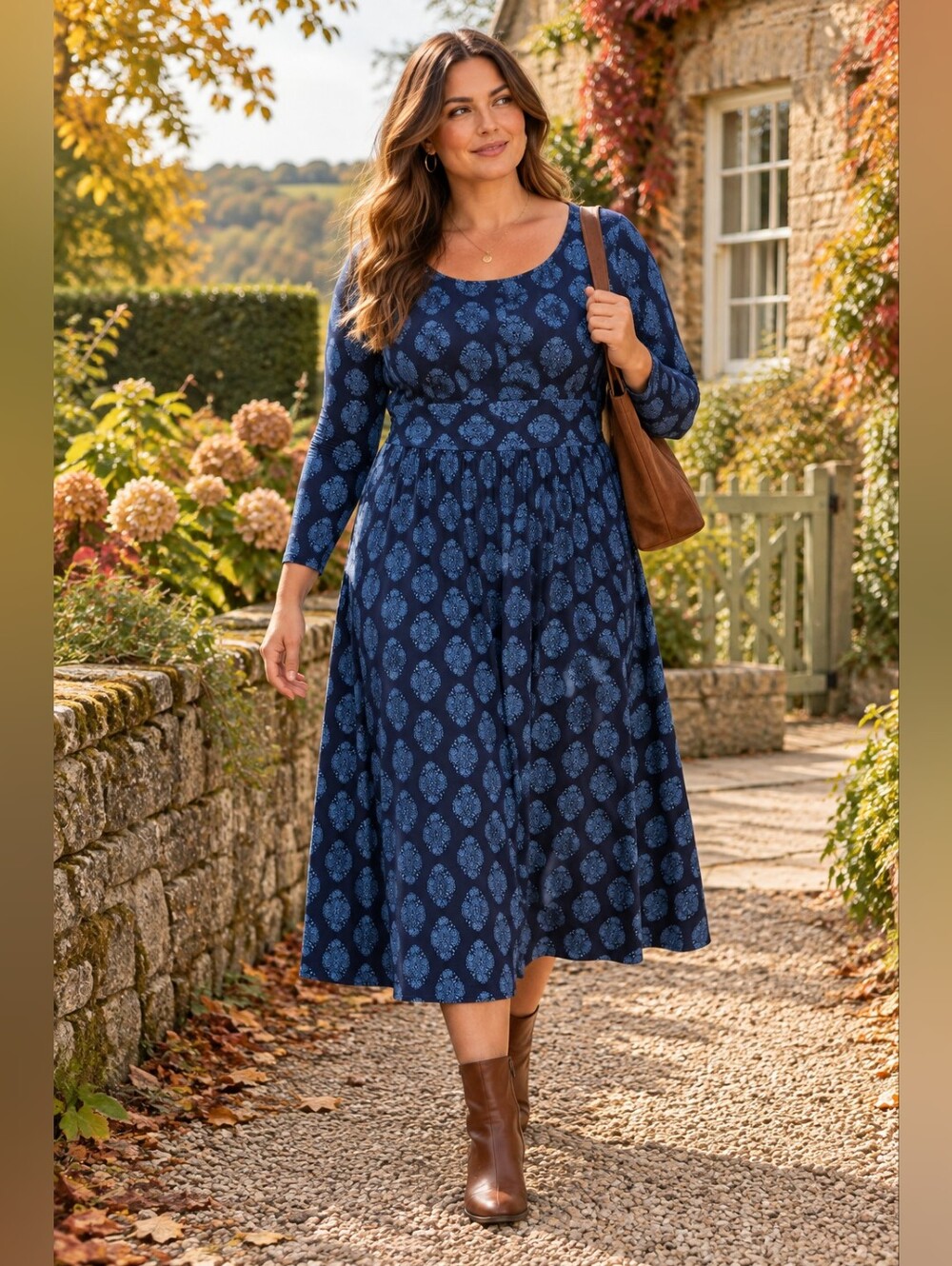 Boden Abigail Jersey Dress 14R Navy Blue Paisley Long Sleeve Pockets A-Line
